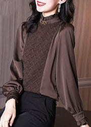 Chocolate Patchwork Chiffon Blouses Ruffled Warm Long Sleeve