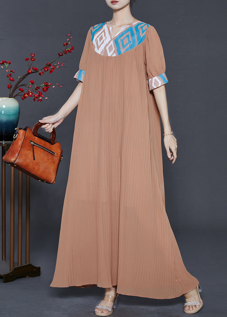 Coffee Patchwork Chiffon Pleated Dress Oversized Summer