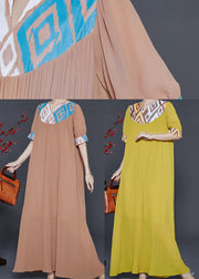 Coffee Patchwork Chiffon Pleated Dress Oversized Summer