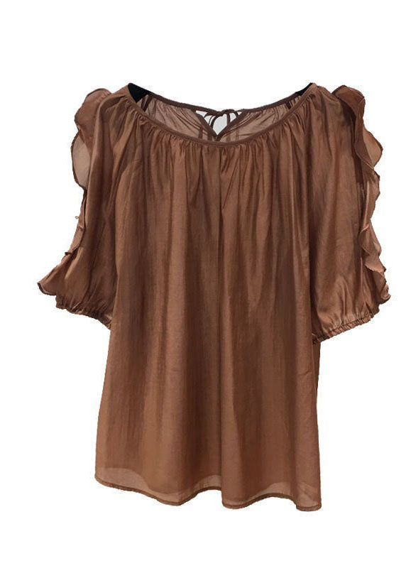 Coffee Patchwork Chiffon Shirt Tops Ruffled O-Neck Summer