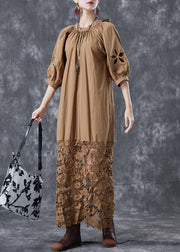 Coffee Patchwork Cotton Long Dress Hollow Out Back Bow Puff Sleeve