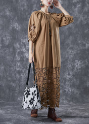 Coffee Patchwork Cotton Long Dress Hollow Out Back Bow Puff Sleeve