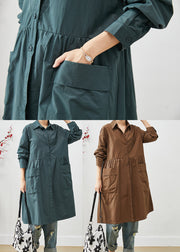 Coffee Patchwork Cotton Shirt Dress Oversized Pockets Spring