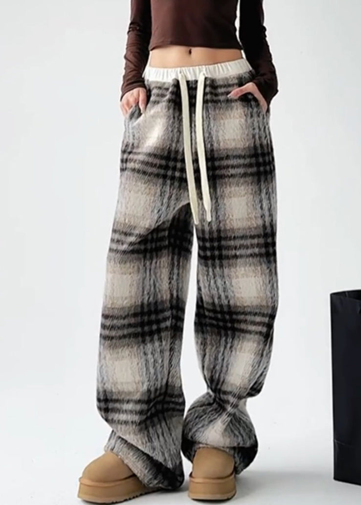 Coffee Patchwork Drawstring Woolen Straight Pants