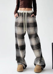 Coffee Patchwork Drawstring Woolen Straight Pants