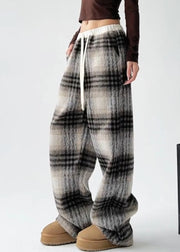 Coffee Patchwork Drawstring Woolen Straight Pants