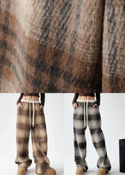 Coffee Patchwork Drawstring Woolen Straight Pants