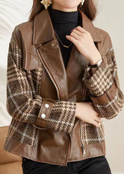 Coffee Patchwork Faux Leather Jackets Peter Pan Collar Zippered Fall