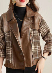 Coffee Patchwork Faux Leather Jackets Peter Pan Collar Zippered Fall