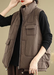 Coffee Patchwork Fine Cotton Filled Vest Zip Up Stand Collar Sleeveless