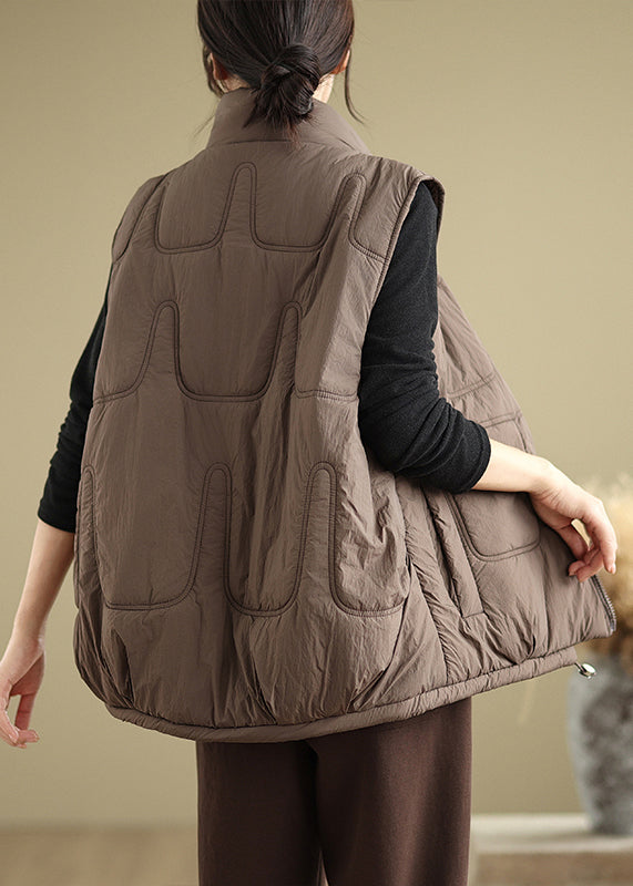 Coffee Patchwork Fine Cotton Filled Vest Zip Up Stand Collar Sleeveless