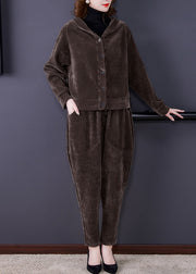 Coffee Patchwork Hooded Corduroy Coats And Harem Pants Two Pieces Set Fall