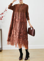 Coffee Patchwork Knit Holiday Dresses Embroidered Fall