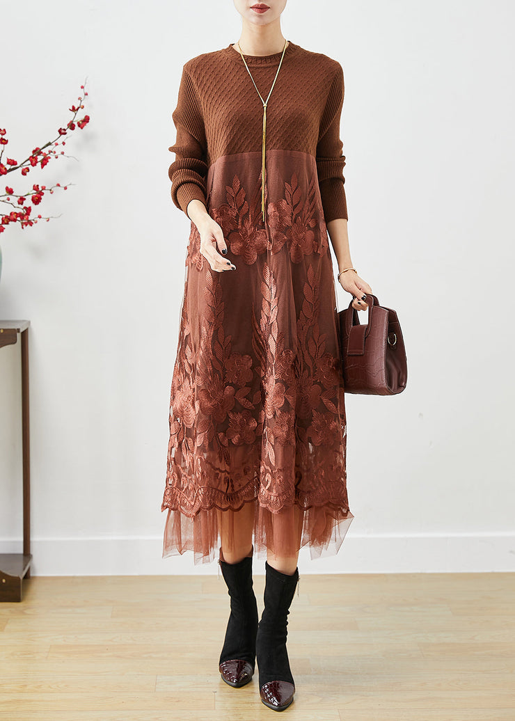 Coffee Patchwork Knit Holiday Dresses Embroidered Fall