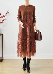 Coffee Patchwork Knit Holiday Dresses Embroideried Fall