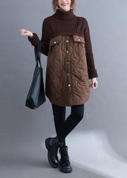 Chocolate Patchwork Knit Long Sweater Fine Cotton Filled Turtle Neck Winter