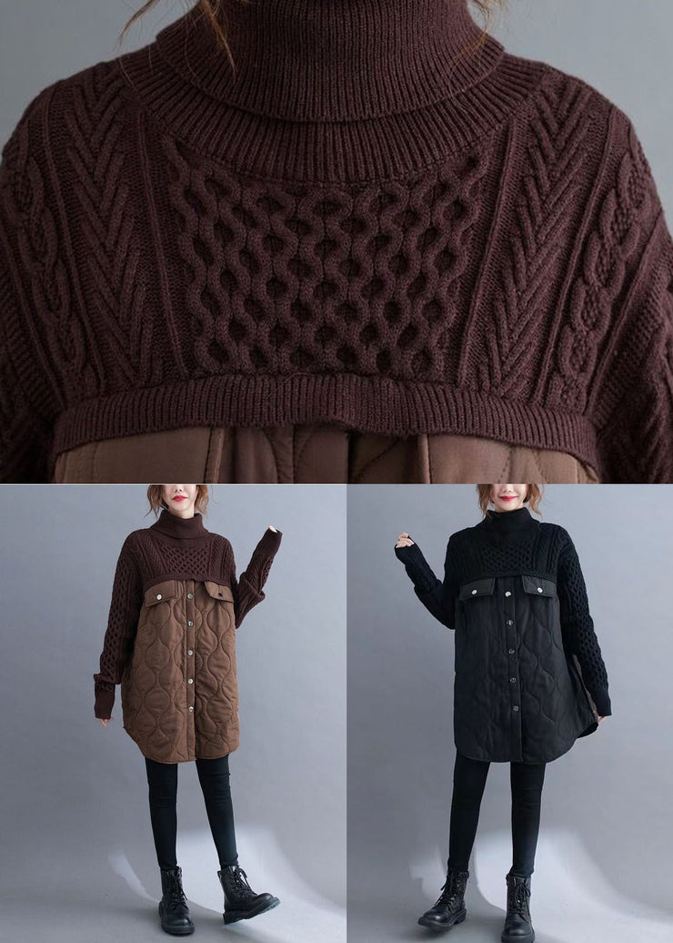 Chocolate Patchwork Knit Long Sweater Fine Cotton Filled Turtle Neck Winter