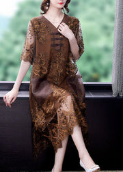 Chocolate Patchwork Lace Maxi Dresses V Neck Embroideried Summer