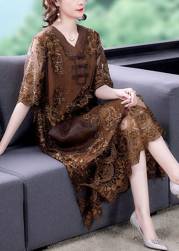 Chocolate Patchwork Lace Maxi Dresses V Neck Embroideried Summer