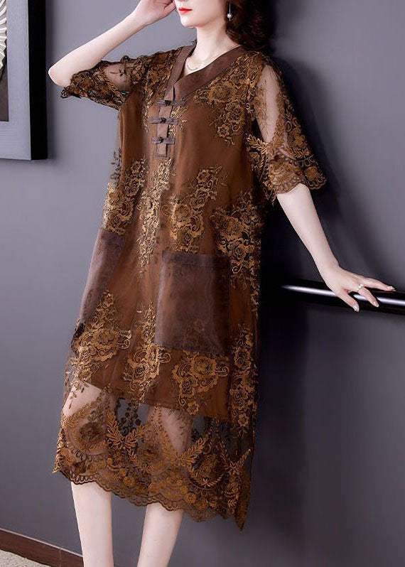 Chocolate Patchwork Lace Maxi Dresses V Neck Embroideried Summer