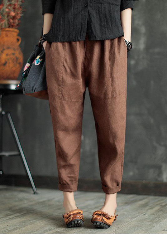 Chocolate Patchwork Linen Crop Pants Elastic Waist Solid Color Summer