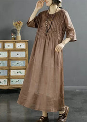 Coffee Patchwork Linen Dress O Neck Wrinkled Embroideried Summer