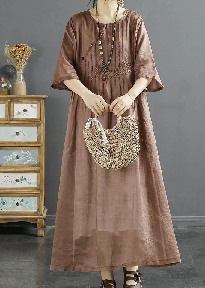 Coffee Patchwork Linen Dress O Neck Wrinkled Embroideried Summer