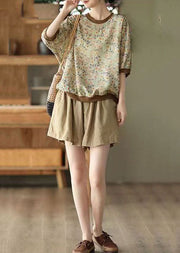 Coffee Patchwork Linen T Shirt Tops O Neck Short Sleeve