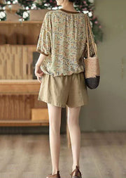 Coffee Patchwork Linen T Shirt Tops O Neck Short Sleeve