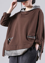 Chocolate Patchwork Low High Design Hooded Sweatshirt Long Sleeve