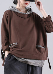 Chocolate Patchwork Low High Design Hooded Sweatshirt Long Sleeve