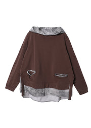 Chocolate Patchwork Low High Design Hooded Sweatshirt Long Sleeve