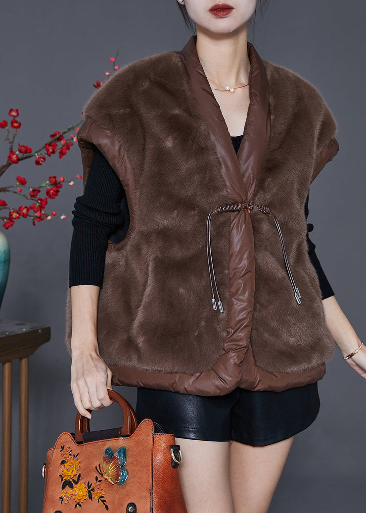 Coffee Patchwork Mink Velvet Vests Chinese Button Pockets Spring