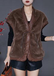 Coffee Patchwork Mink Velvet Vests Chinese Button Pockets Spring