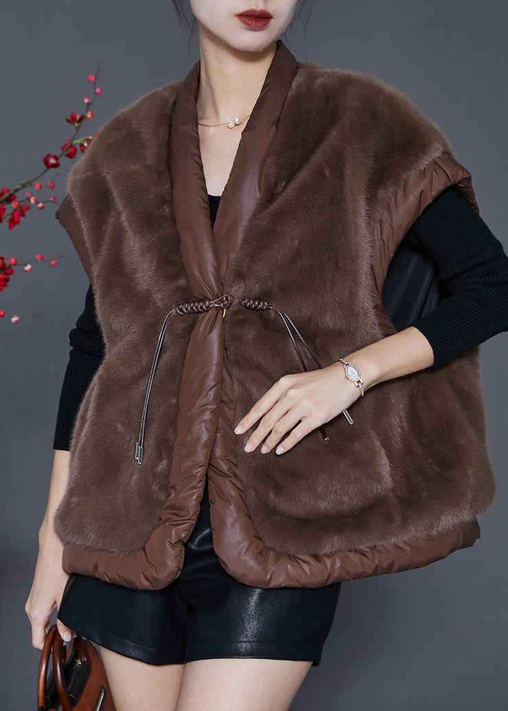 Coffee Patchwork Mink Velvet Vests Chinese Button Pockets Spring