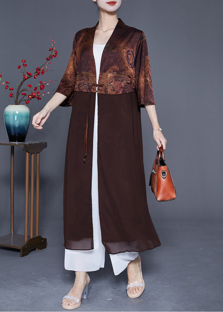 Coffee Patchwork Silk Cardigans Chinese Button Summer