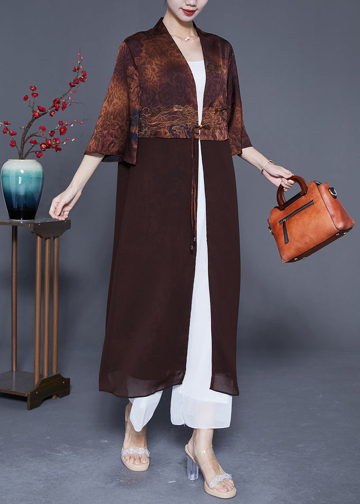 Coffee Patchwork Silk Cardigans Chinese Button Summer