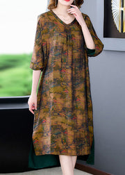 Coffee Patchwork Silk Maxi Dresses Low High Design Summer