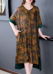 Coffee Patchwork Silk Maxi Dresses Low High Design Summer