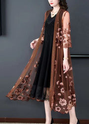 Coffee Patchwork Tulle Cape Dresses Embroideried V Neck Summer