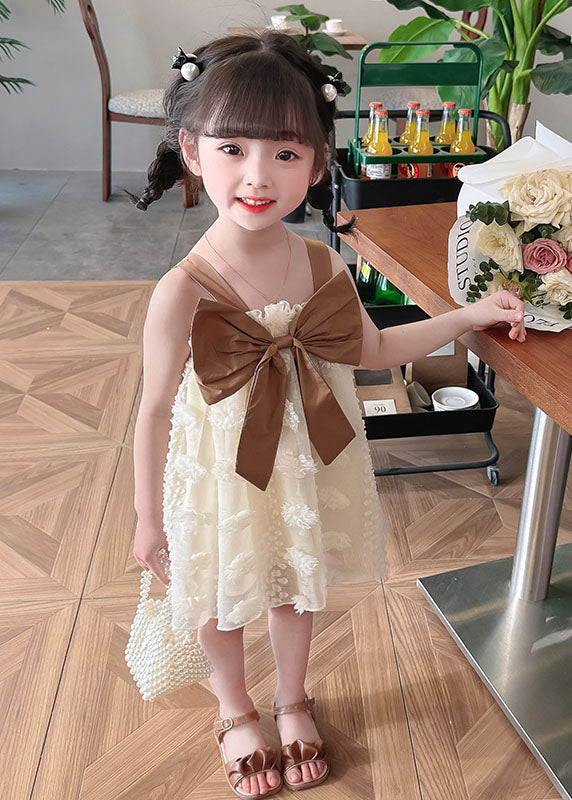 Coffee Patchwork Tulle Kids Girls Dress Ruffled Bow Sleeveless