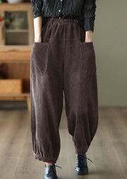 Chocolate Patchwork Warm Fleece Harem Pants Elastic Waist Pockets Winter