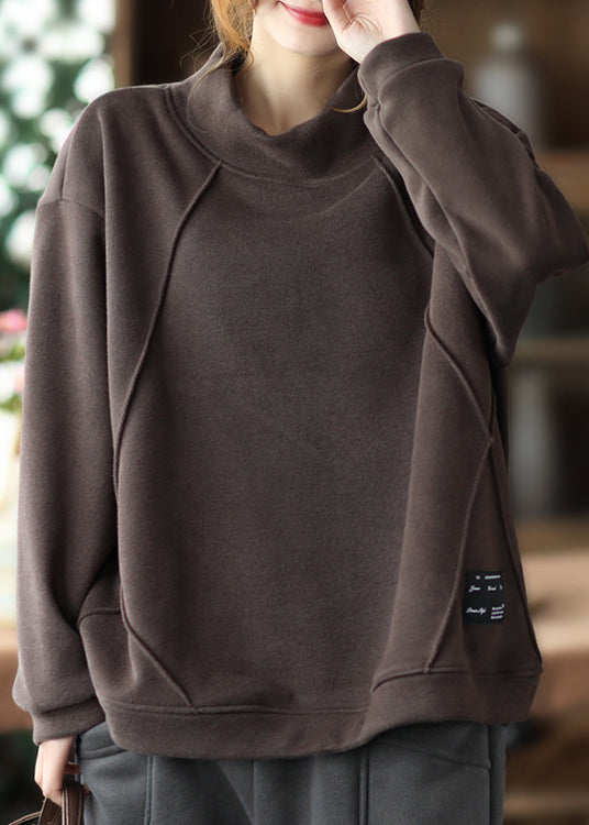 Coffee Patchwork Warm Fleece Pullover Sweatshirt Hign Neck Winter