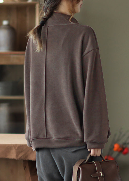 Coffee Patchwork Warm Fleece Pullover Sweatshirt Hign Neck Winter