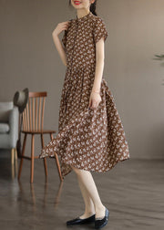 Coffee Patchwork Wrinkled Button Maxi Dresses Short Sleeve