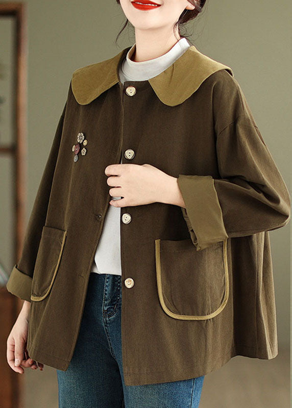 Coffee Peter Pan Collar Button Coats Long Sleeve