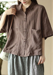 Coffee Peter Pan Collar Linen Shirts Summer