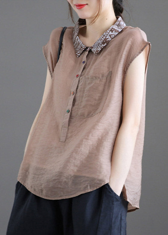 Chocolate Peter Pan Collar Low High Design Linen Short Sleeve