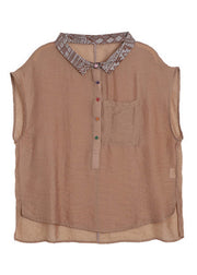 Chocolate Peter Pan Collar Low High Design Linen Short Sleeve