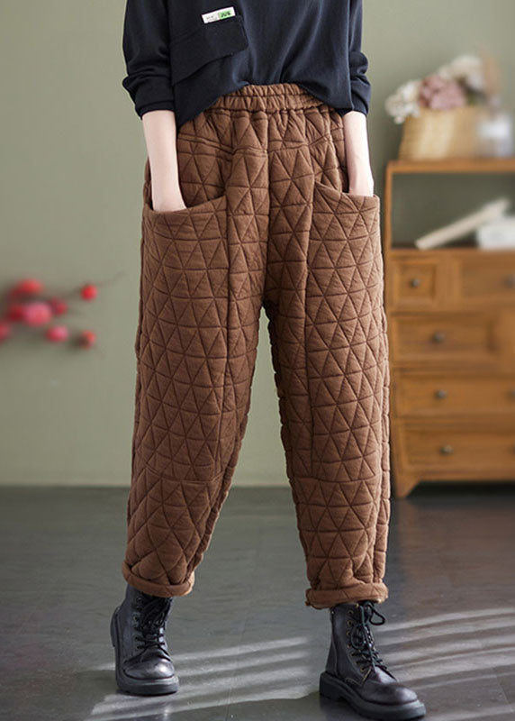 Coffee Plaid Elastic Waist Fleece Pants Winter